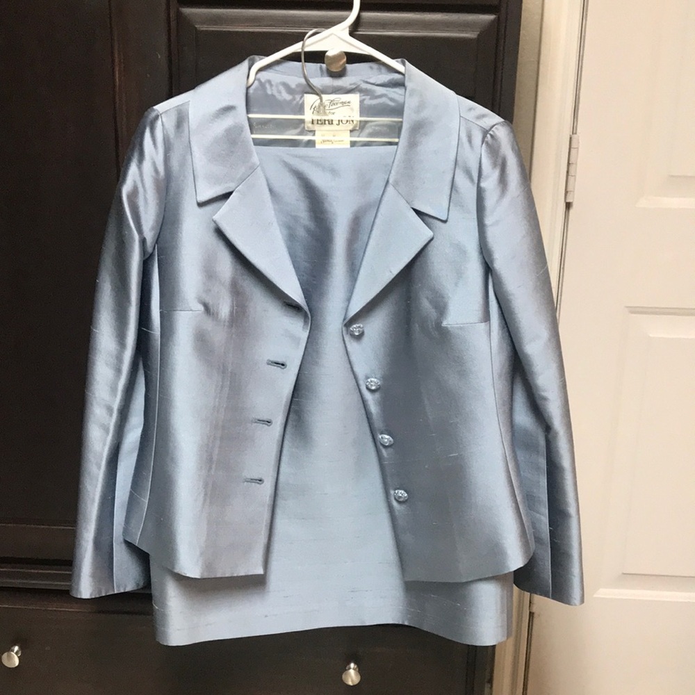 Rickie Freeman for Teri Jon elegant steel blue skirt suit